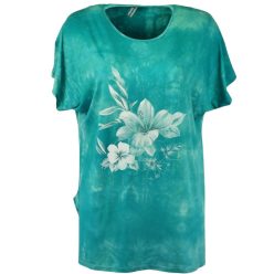   Lily batikolt pamut anyagú, rövidujjú, környakú, hosszított fazonú, "A"- vonalú, molett pamut török tunika, fehér virág mintával az elején- türkíz zöld