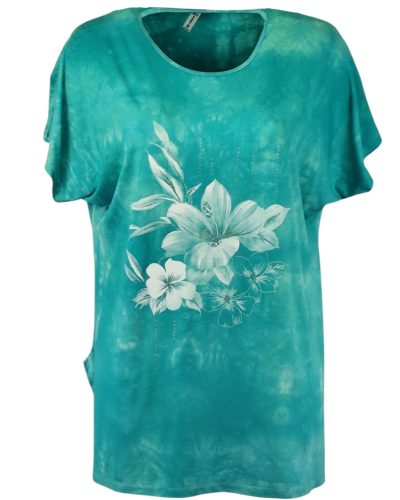 Lily batikolt pamut anyagú, rövidujjú, környakú, hosszított fazonú, "A"- vonalú, molett pamut török tunika, fehér virág mintával az elején- türkíz zöld