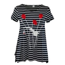   Helen sötétkék fehér csíkos, A-vonalú, környakú, rövidujjú, fiatalos lengyel tunika, pipacsokkal az elején- sötétkék, piros, fehér