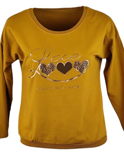 Love arany szíves feliratos fiatalos passzé aljú és ujjú pamut pulóver- sárga