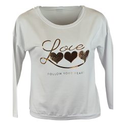   Love arany szíves feliratos fiatalos passzé aljú és ujjú pamut pulóver- krémfehér