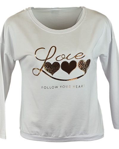 Love arany szíves feliratos fiatalos passzé aljú és ujjú pamut pulóver- krémfehér