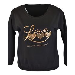  Love arany szíves feliratos fiatalos passzé aljú és ujjú pamut pulóver- fekete