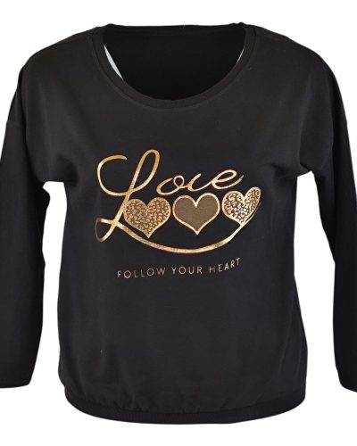 Love arany szíves feliratos fiatalos passzé aljú és ujjú pamut pulóver- fekete