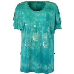   Lily batikolt pamut anyagú, rövidujjú, környakú, hosszított fazonú, "A"- vonalú, molett pamut török tunika, fehér mintával az elején- türkíz zöld