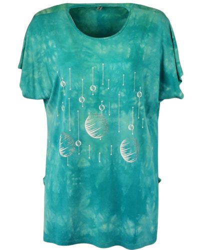 Lily batikolt pamut anyagú, rövidujjú, környakú, hosszított fazonú, "A"- vonalú, molett pamut török tunika, fehér mintával az elején- türkíz zöld