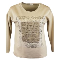   Egyszínű, vastagabb puntó anyagú, környakú, feliratos elejű, hosszú ujjú, fiatalos olasz felsőrész- drapp