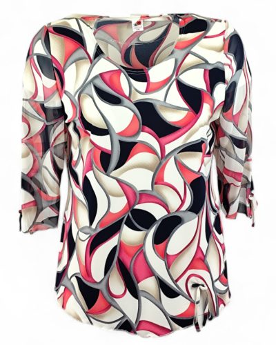 Maggi 3/4 muszlin ujjú, környakú,  hullám mintás viszkóz anyagból készült, molett lengyel tunika- pink, krém szín