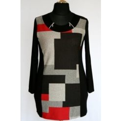   Vastagabb anyagú, egyenes fazonú, fekete alapon szürke piros kocka mintás, hosszú ujjú, környakú lengyel tunika- fekete, piros, szürke