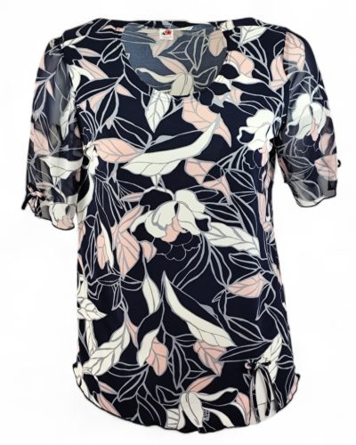 Maggi rövid muszlin ujjú, környakú, virág mintás viszkóz anyagból készült molett lengyel tunika- púder szín, sötétkék