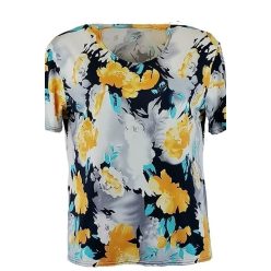  Virág mintás, rövidujjú, pamut top- sárga, drapp, sötétkék