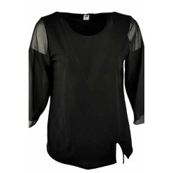   Egyszínű fekete, 3/4-es muszlin ujjú, környakú, viszkóz anyagból készült molett lengyel tunika- fekete