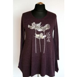   Helen vastagabb anyagú, egyszínű, A-vonalú, környakú, hosszú ujjú, fiatalos lengyel tunika, virágokkal az elején- sötét padlizsán, fehér