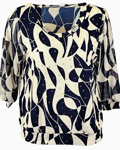 Muszlin ujjú, rövidebb fazonú, passzé aljú, sötétkék alapon drapp mintás, alkalmi molett felsőrész- sötétkék, drapp