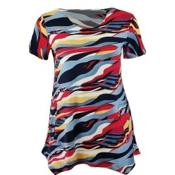   Magmara színes hullám mintás, A-vonalú, környakú, rövidujjú, fiatalos lengyel tunika- sötétkék, fehér, piros, sérga