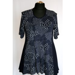   Antónia sötétkék alapon fehér pöttyös, A-vonalú, lengyel tunika, 3/4-es ujjú, környakú, kétoldalt sötétkék betéttel- sötétkék, fehér