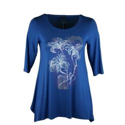   Magmara egyszínű, A-vonalú, környakú, 3/4-es ujjú, fiatalos lengyel tunika, virágokkal az elején- kék, fehér