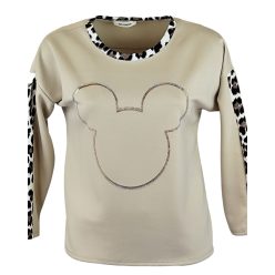   Ocelot állat mintás, micky egér fejes, vastagabb puntó anyagú, környakú, hosszú ujjú, fiatalos olasz felsőrész- drapp