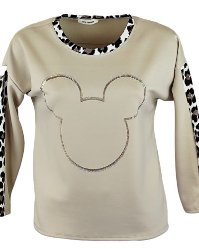 Ocelot állat mintás, micky egér fejes, vastagabb puntó anyagú, környakú, hosszú ujjú, fiatalos olasz felsőrész- drapp