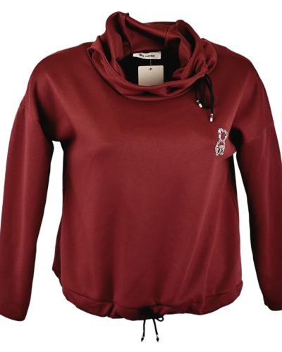 Egyszínű, kapucnis, vastagabb puntó anyagú, környakú, hosszú ujjú, fiatalos olasz felsőrész- bordó