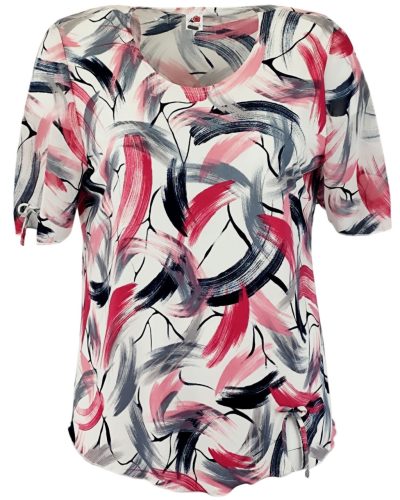 Maggi, rövid muszlin ujjú, környakú, krém szín alapon vonal mintás viszkóz anyagból készült, egyenes fazonú, molett lengyel tunika- krém szín, korall szín