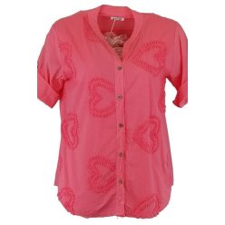   Elől flokkolt szív mintás , rövid ujjú, környakú, rövidebb egyenes fazonú fiatalos olasz vékony pamut ingblúz- korall szín