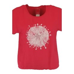   Óriás fehér pitypang fej mintás elejű, hátul sima egyszínű pamut anyagból készült, rövid ujjú, környakú, fiatalos olasz felsőrész- piros, fehér