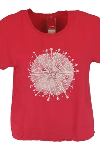 Óriás fehér pitypang fej mintás elejű, hátul sima egyszínű pamut anyagból készült, rövid ujjú, környakú, fiatalos olasz felsőrész- piros, fehér