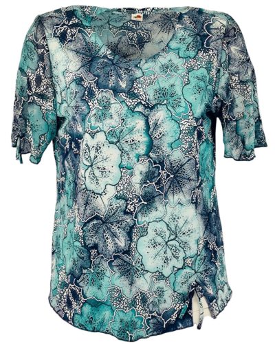 Maggi, rövid muszlin ujjú, környakú, levél mintás viszkóz anyagból készült, egyenes fazonú, molett lengyel tunika- krém szín, türkíz zöld