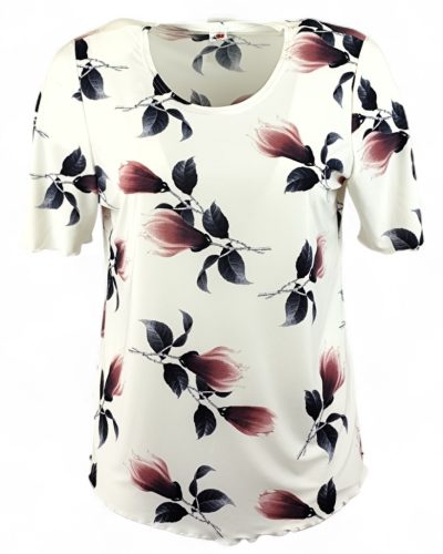 Maggi rövid ujjú, környakú,  virág mintás viszkóz anyagból készült molett lengyel tunika- krém szín, mályva