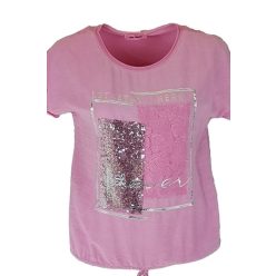   Nagy flitteres csipkés elejű ezüst feliratos, hátul sima pamut anyagból készült, rövid ujjú, környakú, olasz fiatalos felsőrész, alul meghúzható zsinórral - rózsaszín , ezüst