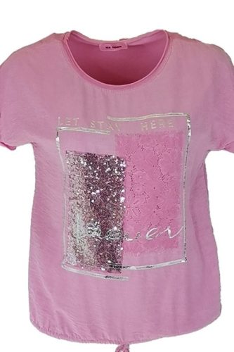 Nagy flitteres csipkés elejű ezüst feliratos, hátul sima pamut anyagból készült, rövid ujjú, környakú, olasz fiatalos felsőrész, alul meghúzható zsinórral - rózsaszín , ezüst