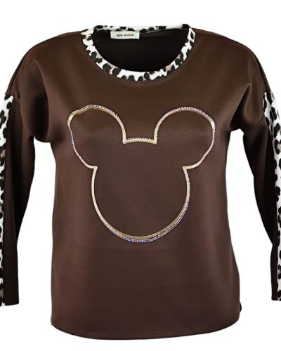 Ocelot állat mintás, micky egér fejes, vastagabb puntó anyagú, környakú, hosszú ujjú, fiatalos olasz felsőrész- barna