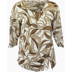   Maggi 3/4-es muszlin ujjú, környakú,  levél  mintás viszkóz anyagból készült molett lengyel tunika- mogyoró barna,  drapp