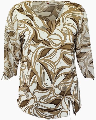 Maggi 3/4-es muszlin ujjú, környakú,  levél  mintás viszkóz anyagból készült molett lengyel tunika- mogyoró barna,  drapp