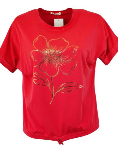 Nagy arany virágos elejű, rövid ujjú, környakú, fiatalos, pamut, olasz felsőrész, meghúzható kötővel az alján- piros