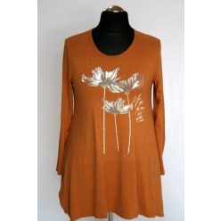   Helen vastagabb anyagú, egyszínű, A-vonalú, környakú, hosszú ujjú, fiatalos lengyel tunika, virágokkal az elején- okker sárga, fehér