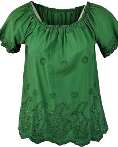 Gumírozott nyakú, vállra húzható, madeirás anyagból készült, rövid ujjú, egyszínű, olasz felsőrész- benetton zöld