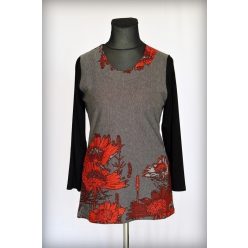   Vastagabb anyagú, egyenes fazonú, fekete alapon szürke piros virág mintás, hosszú ujjú, környakú lengyel tunika- fekete, piros, szürke