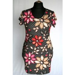   Virágos, rövid fazonú, rövidujjú, környakú, fiatalos sztreccs ruha-fekete, piros, sárga