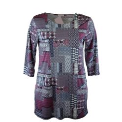   Ilona 3/4-es ujjú, hosszított karcsúsított fazonú, zsebes, környakú, rugalmas viszkóz anyagú, nagy színes négyzet mintás lengyel fiatalos tunika- kék, lila, farmer kék