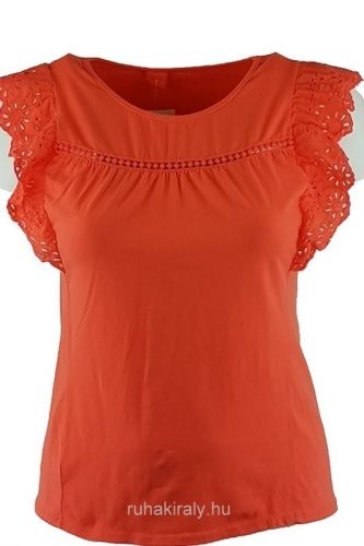 Fodros madeirás lepke ujjú, egyszínű, környakú, fiatalos olasz pamut anyagból készült felső- narancssárga