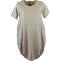   Buborék fazonú, nagy zsebes, rövidujjú, környakú, egyszínű, fiatalos olasz pamut molett ruha- drapp