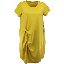   Csomós elejű, hosszú bő egyenes fazonú, molett pamut olasz ruha, környakú, rövidujjú- sárga