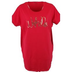   Egyszínű rövidujjú, zsebes, pamut nyári ruha, arany színű felirattal- piros