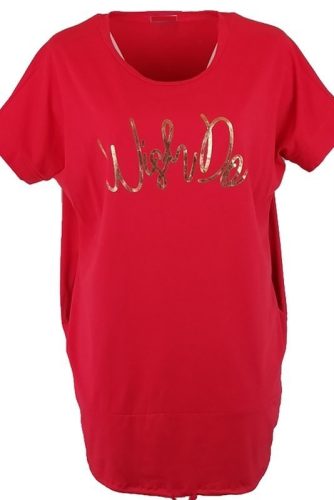 Egyszínű rövidujjú, zsebes, pamut nyári ruha, arany színű felirattal- piros