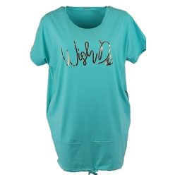   Egyszínű rövidujjú, zsebes, pamut nyári ruha, arany színű felirattal- türkíz zöld