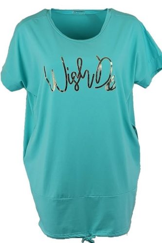 Egyszínű rövidujjú, zsebes, pamut nyári ruha, arany színű felirattal- türkíz zöld