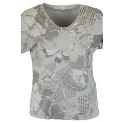   Tele mintás, V-nyakú, rövid ujjú, pamut anyagból készült fiatalos olasz felsőrész, kis gyöngyös szív díszítéssel- világos szürke