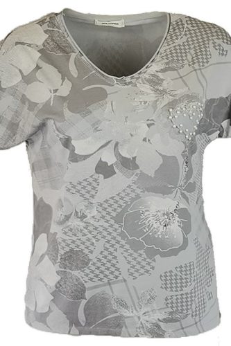 Tele mintás, V-nyakú, rövid ujjú, pamut anyagból készült fiatalos olasz felsőrész, kis gyöngyös szív díszítéssel- világos szürke